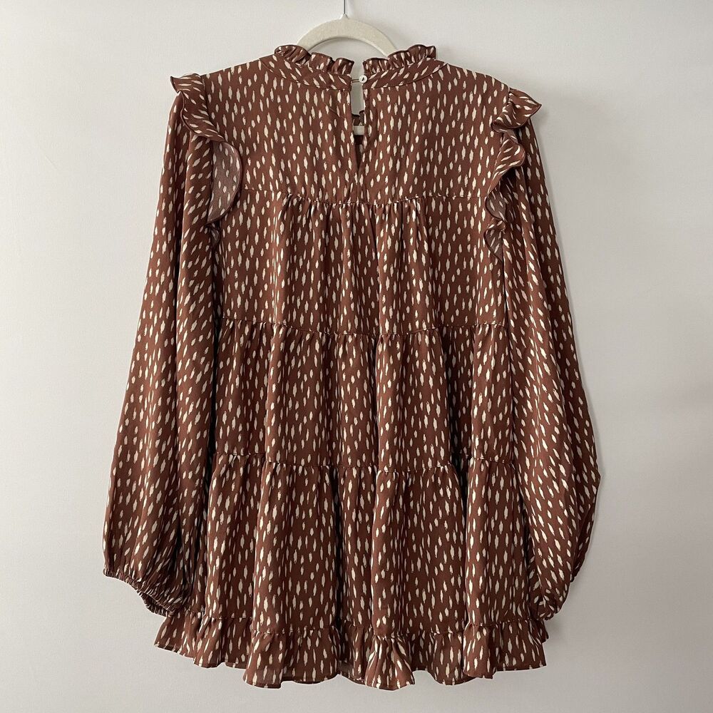 Jodifl Tunic Top Ruffle Neck Long Sleeve Brown Print Woven Women Size M-dp - Picture 2 of 9